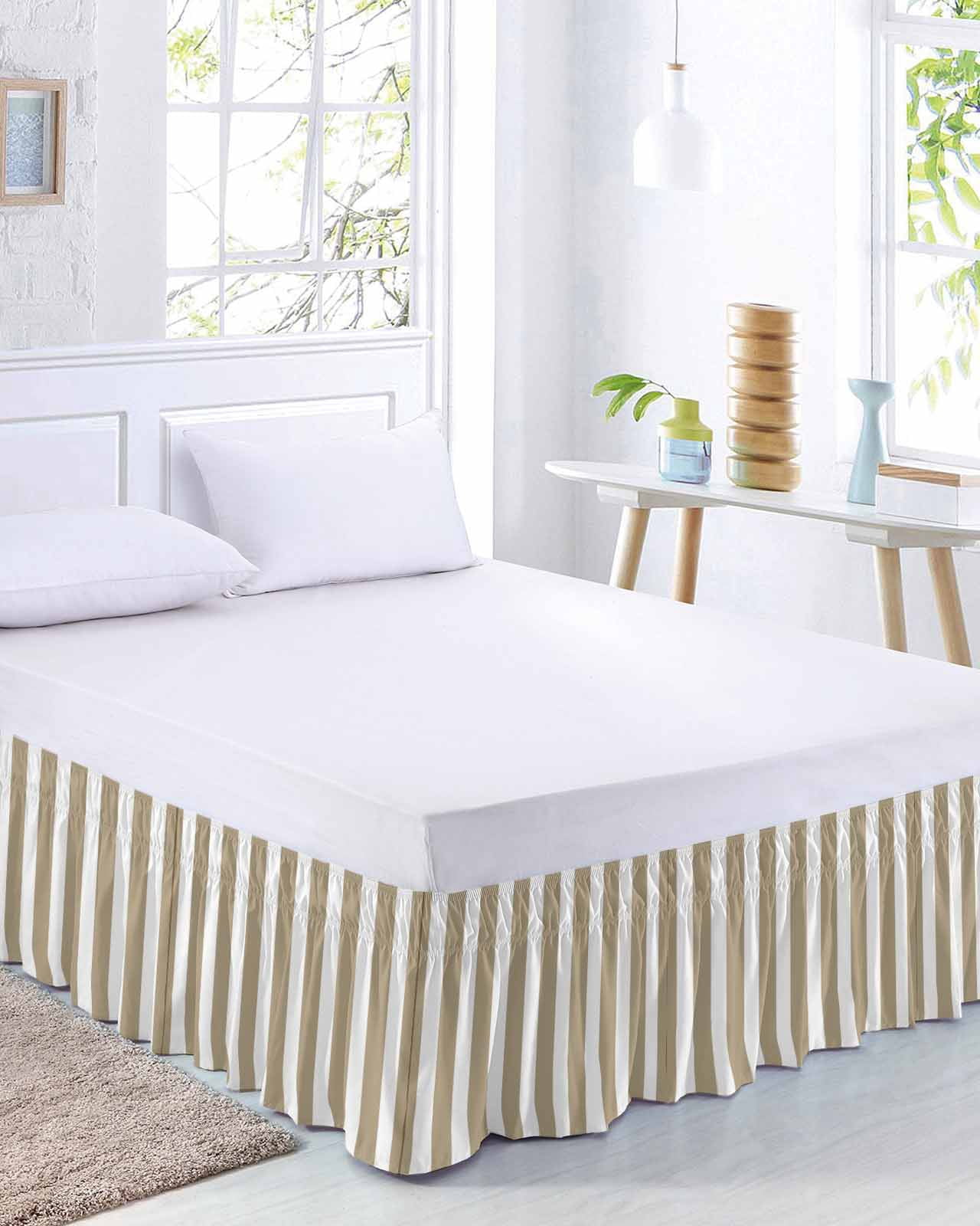 Beige Striped Bed Skirt Queen Size, Modern Farmhouse Beige White Stripes Wrap Around Bed Skirting with Adjustable Elastic Strap, Dust Ruffle Pleated Bedskirts 18 Inch Drop for Bedroom Queen Beds