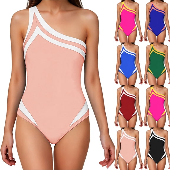 Agkizg Women One-Piece Swimsuit One Shoulder Color Blocked Tummys Control Swimwear Bathing Suits for Ladies