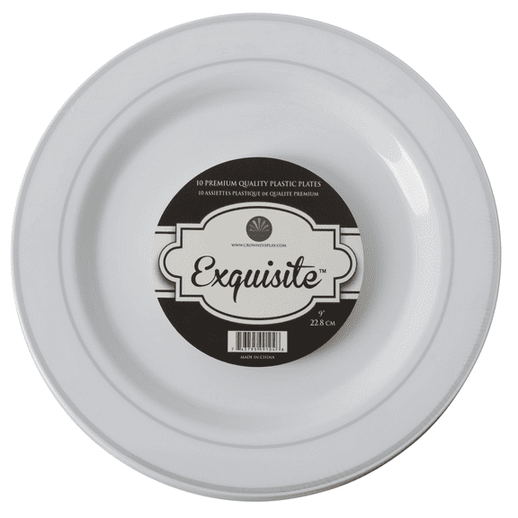 Exquisite Wedding & Party Dinnerware, Disposable Plastic Holiday Dinner Plates (10.25 Inch) - White with Silver Rim - 40 Pack