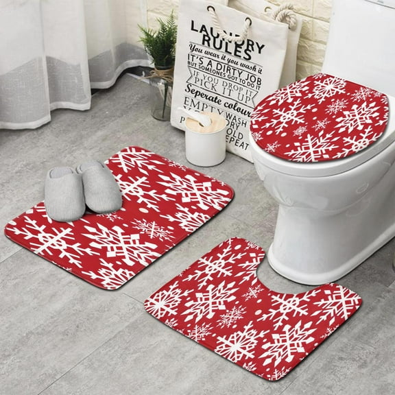 Red Christmas Snowflake Pattern Bathroom Rugs Sets 3 Piece,Toilet Cover Set,Absorbent Non Slip Bathroom Mats Sets with U-Shaped Contour Rug Toilet Rug Set