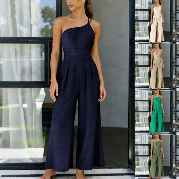 FRSASU Women's One off Shoulder Sleeveless Ruched High Waist Long Wide Leg Pants Jumpsuit Khaki