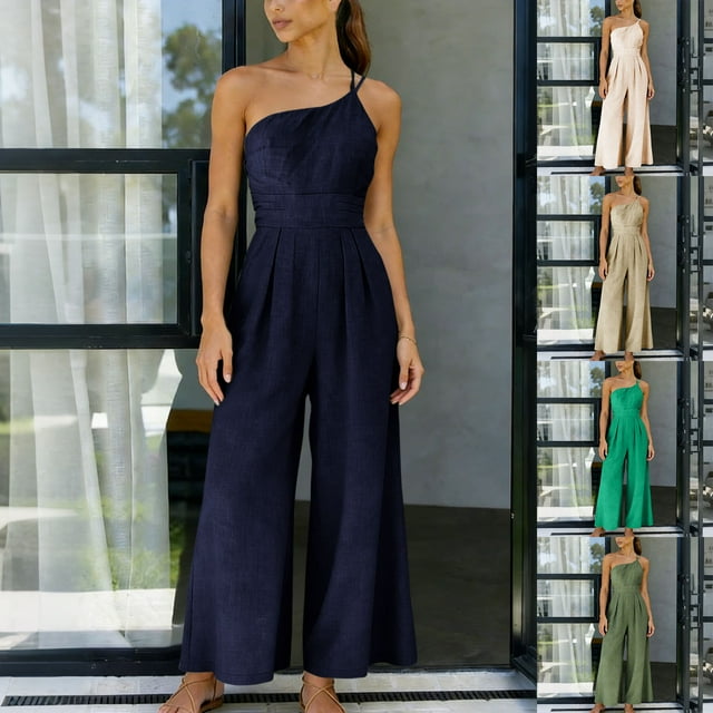 Sentmoon Wide Leg Overalls for Women Plus Size Rompers Solid Color Regular Fit Spaghetti Strap Elegant Jumpsuits for Women Summer for Going out and Concert