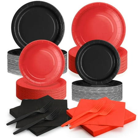 200 Pcs Red CORNET and Black Paper Plates and Napkins Party Supplies,Disposable Party Tableware Include Plates Napkins Forks for Birthday,Anniversary,and More