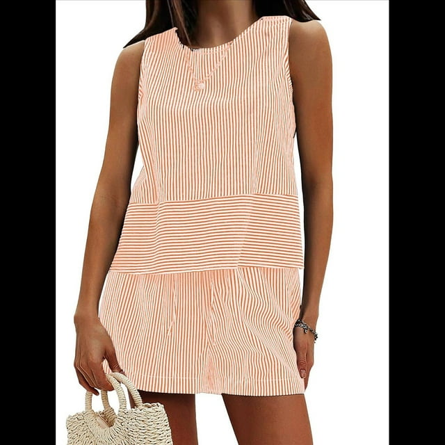 Conjunto de Dos Piezas de Verano para Mujer: Camiseta Sin Mangas y Pantalones Cortos A Juego, Chándal de Algodón A Rayas, Rayas Naranjas, Talla XXL