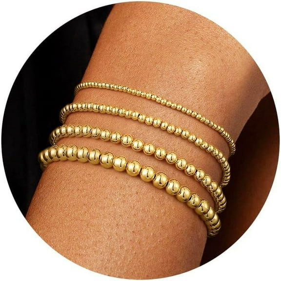 Gold Beaded Bracelets for Women: Waterproof 14k Gold Plated Dainty Stretch Stackable Pearl Bracelet Set Non Tarnish Jewelry for Women Trendy