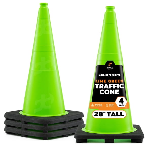 28” Lime Green Traffic Cone - 4 Pack - Premium PVC Safety Cone for Parking, Caution, Construction, Road Crews, Emergency Vehicle - Xpose Safety