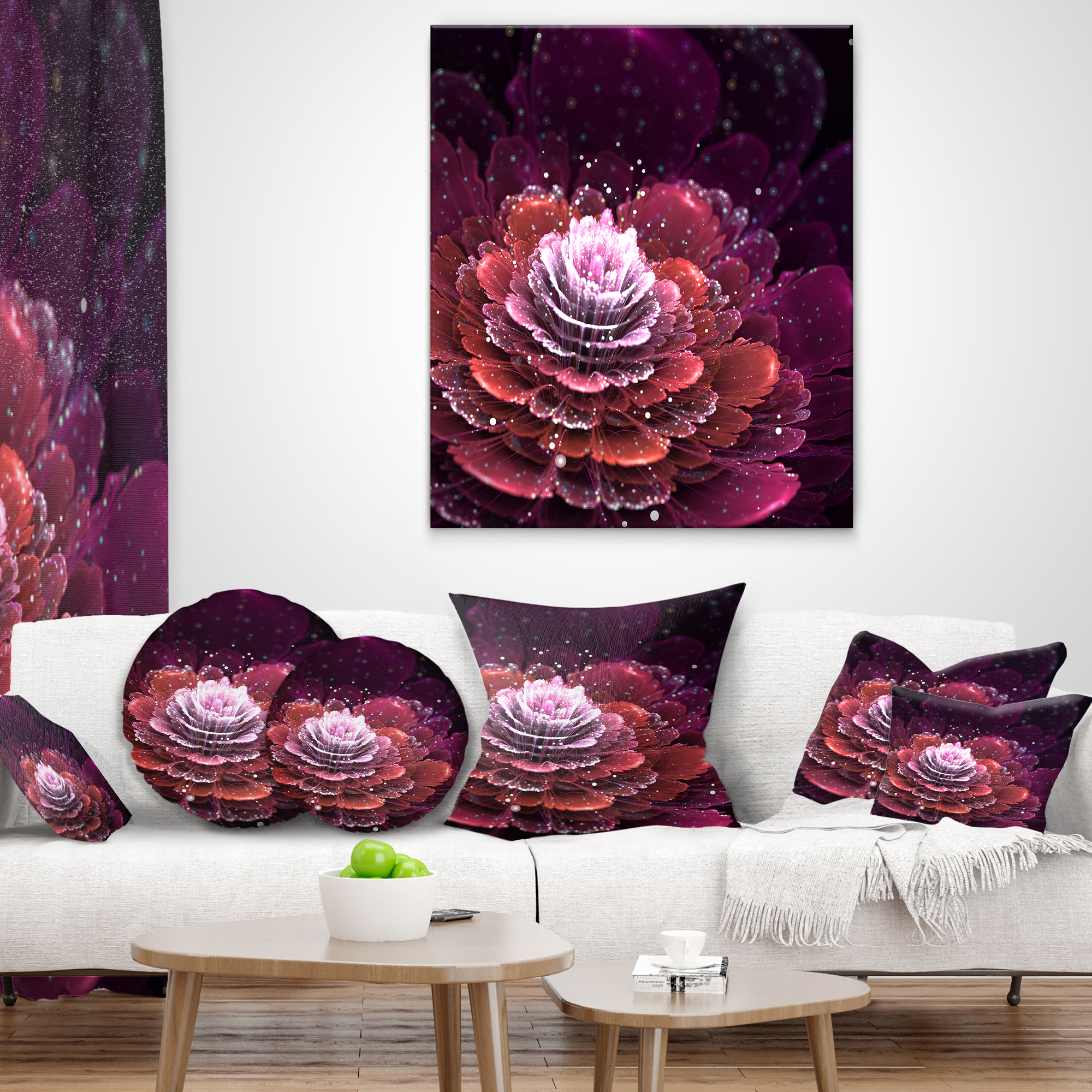 Designart Fractal Flower Red and White - Floral Throw Pillow - 18x18
