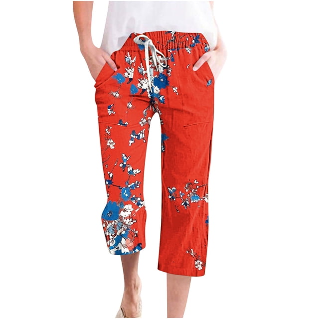 Aboser Capris Rouges pour Femmes Grande Taille, Pantalons Capri d'Été, Cordon de Serrage, Taille Élastique, Pantalons Raccourcis, Jambes Larges pour Dames, Skimmers en Lin, Pantalons Boho de Plage avec Poches