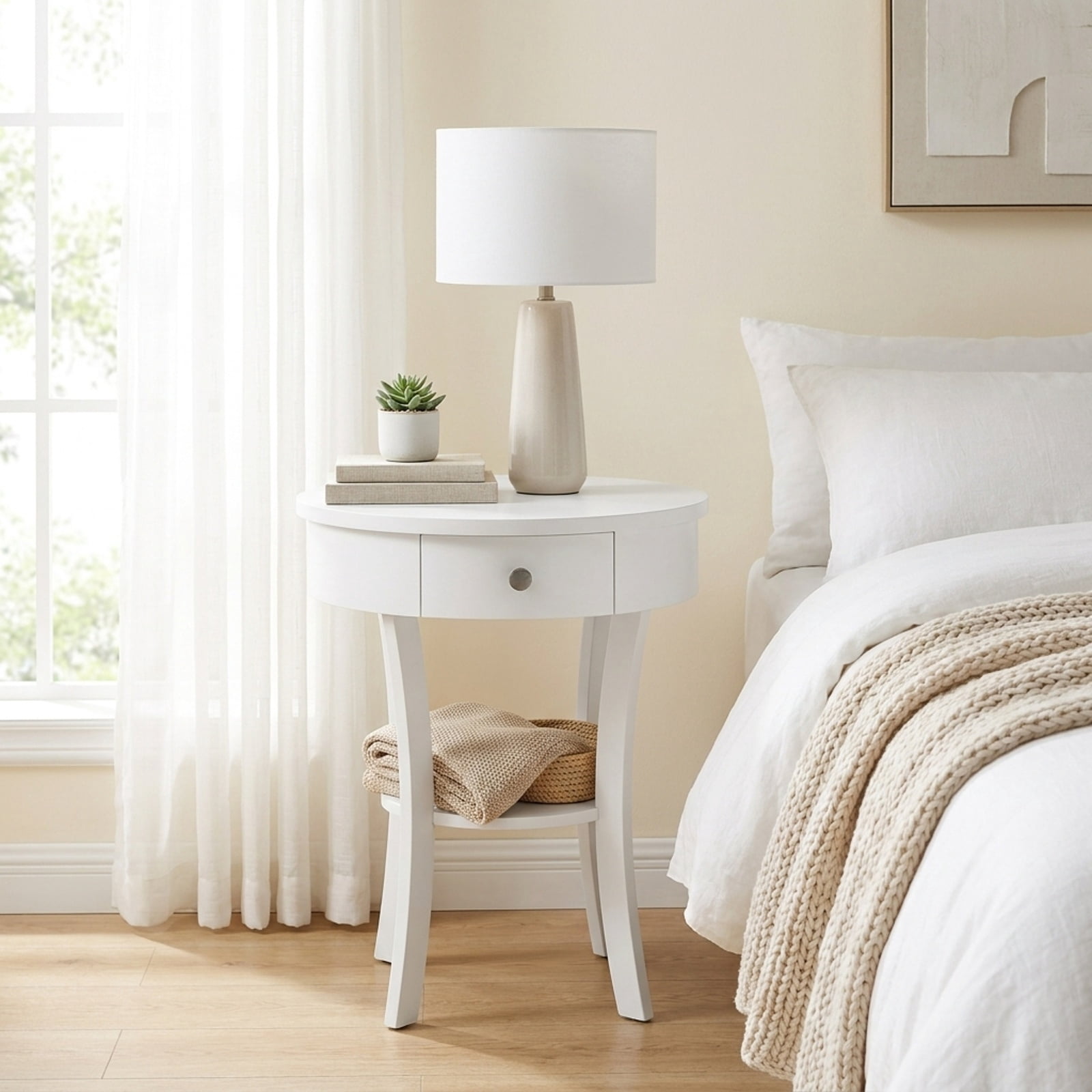 Furnibear 2 Tier Round End Table with Open Drawer and Bottom Shelf and Rubber Wood Legs for Living Room Bedroom and Sofa Side Storage, White