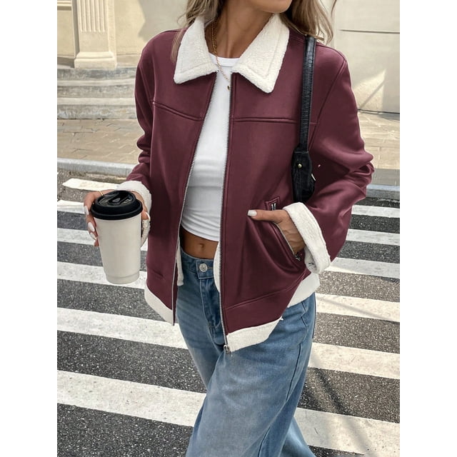 Chaqueta de motociclista de cuero y manga larga con solapa en color negro en contraste para mujer de SHEIN Frenchy, otoño/invierno, ropa de invierno, vestido de invierno para mujer, chaqueta de invier