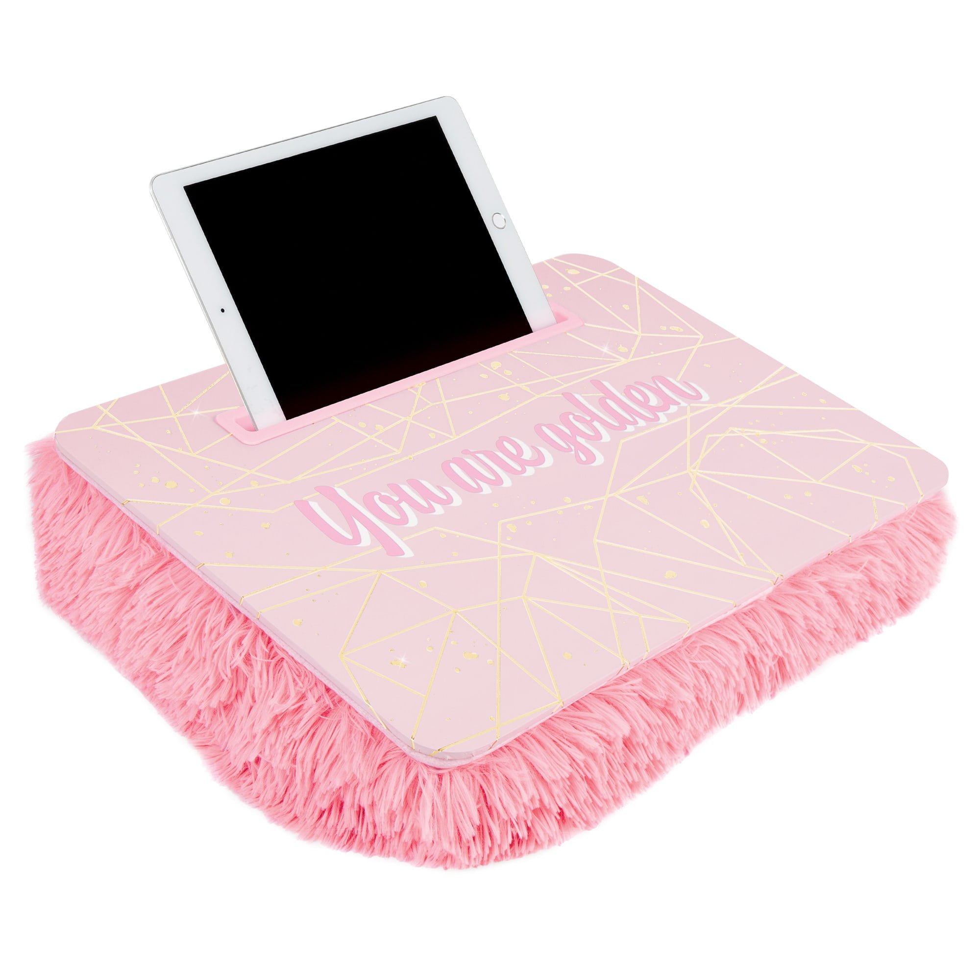 Three Cheers for Girls: Pink & Gold Deluxe Fur Portable Lap Desk -  W/ Handle & Versatile Media Slot - 12” x 17”,  Perfect For Fun & Homework, Ages 6+