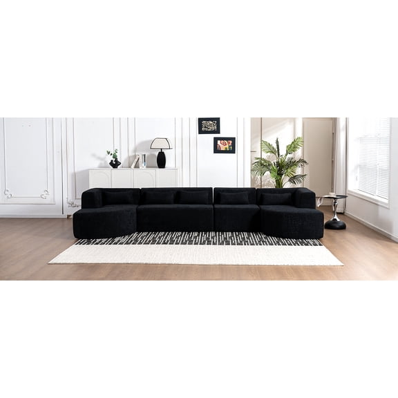 144" Black Boucle Free-Combine Sofa Couch with Two Curved Chaise Lounges & 5 Back Pillows - Pocket Spring Foam Upholstered Living Room Furniture