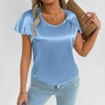 thumbnail image 2 of MIXUE Boho Tops For Women Summer Satin Solid Color Round Neck Short Sleeve Loose Fit Casual T Shirts Sportswear,Blue,S, 2 of 6
