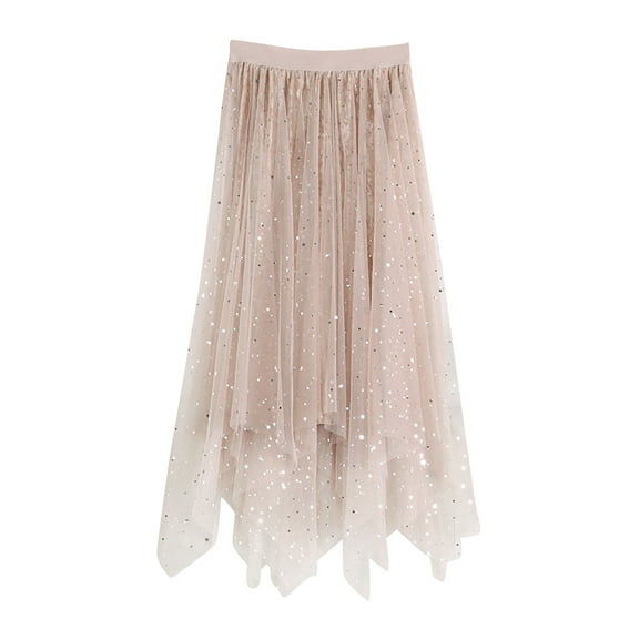 Riforla Women's Spring and Summer Waisted Star Sequin Velvet Lined Irregular Mesh Skirt Skirts for Women Khaki One Size