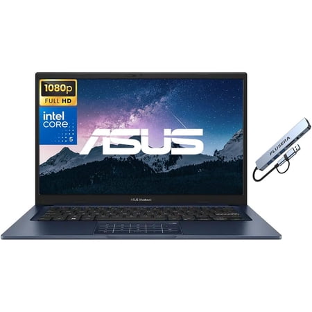 ASUS Vivobook 14" FHD Business & Student Laptop Computer, 10-Core Intel Core 5 120U Processor, 8GB RAM 256GB SSD, Windows 11, PLUSERA 8-in-1 Hub Included, Quiet Blue