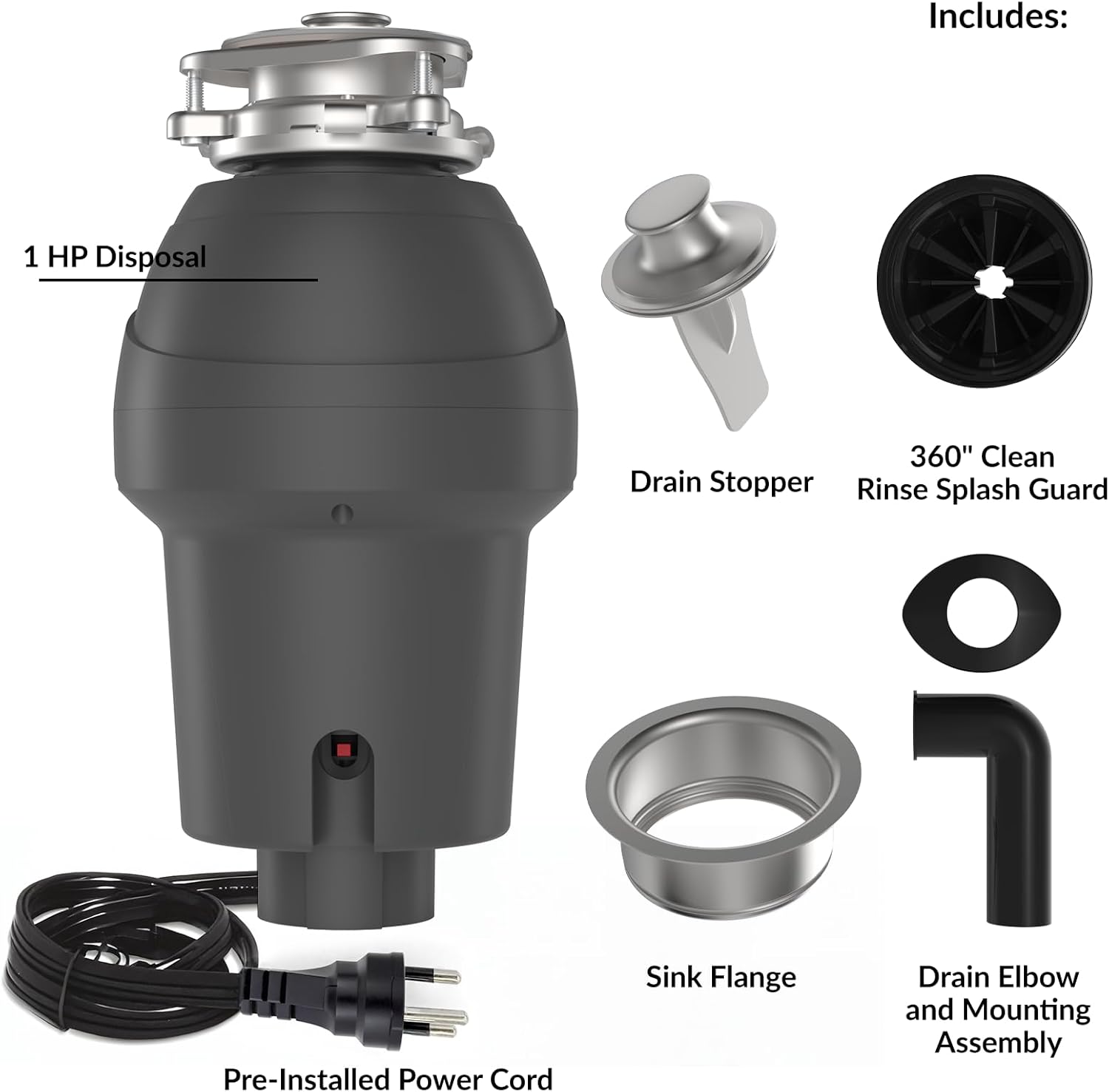 GAOMON 1 HP Garbage Disposal with Air Switch, 4-Stage Grinding, 3500 RPM, Quiet Food Waste Disposer, Stainless Steel & ABS, for Kitchen, Gray