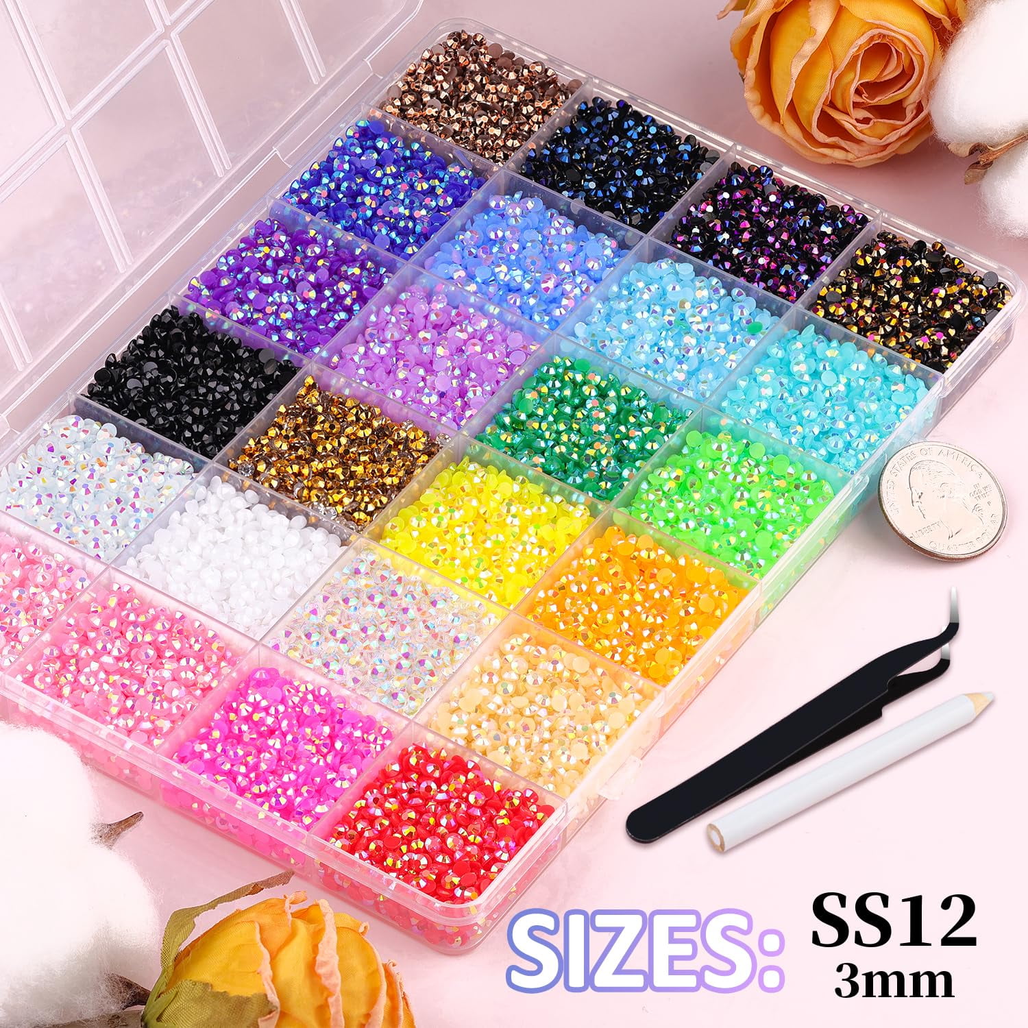 40Mixed-Color 3mm Resin Rhinestones Kit (62000 Pcs) with Tweezers - Flatback Non-Hotfix Gems for DIY Crafts, Tumblers & Nail Makeup(LR 1 Set)