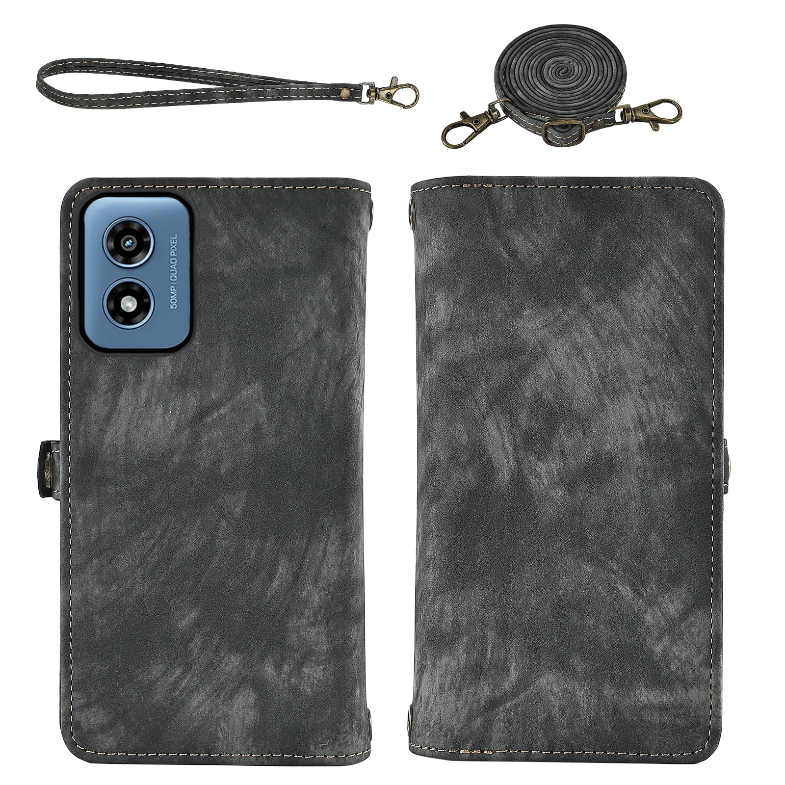 Asuwish Phone Case for Motorola Moto G Play 4G 2024 Zipper Wallet Detachable Cell Cover with Tempered Glass Screen Protector Crossbody Lanyard Strap Flip Card Holder XT2413V XT2413-1 64GB Women Black
