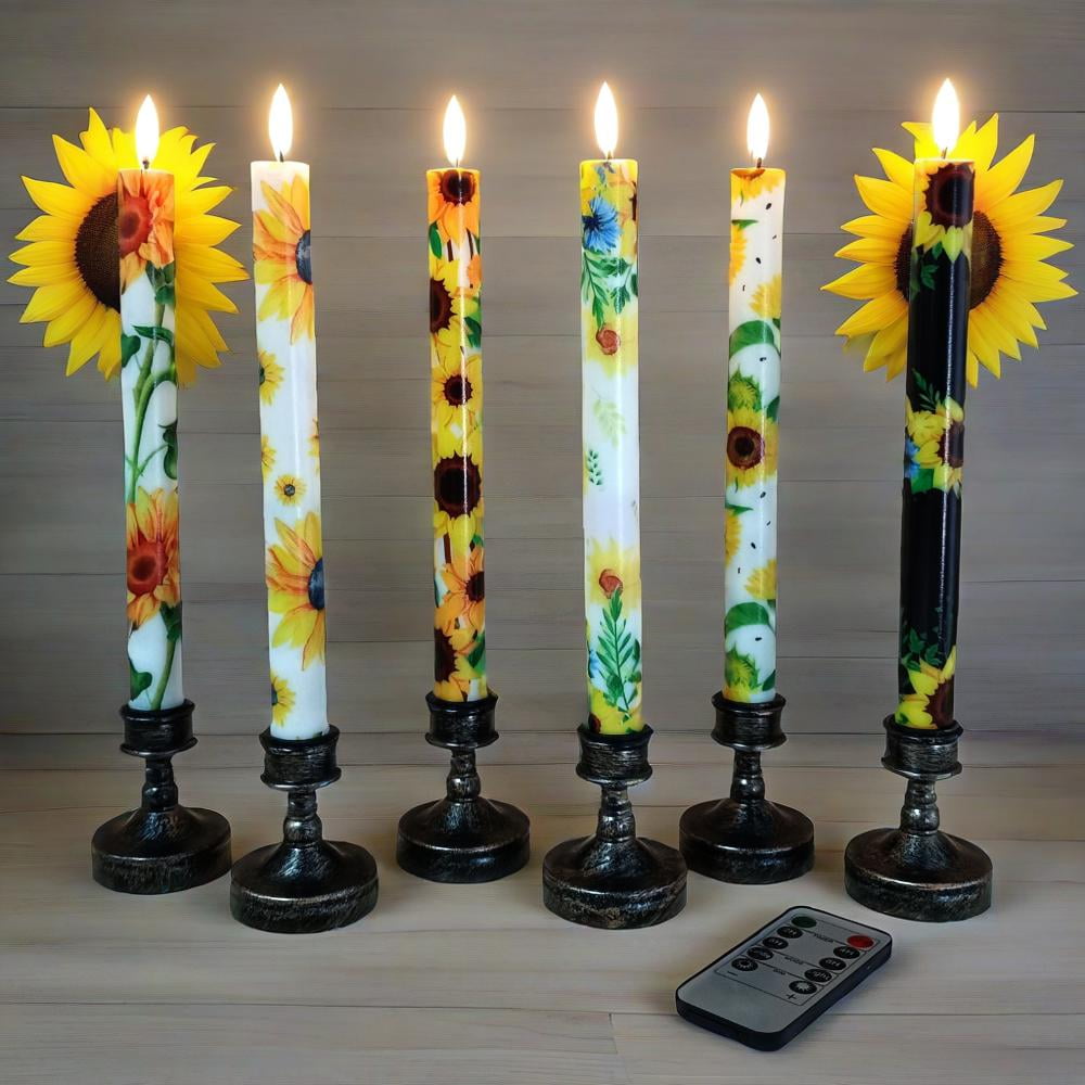 6PCS Printed Flameless Taper Candles, 10 Inch LED Candlesticks Battery Operated with 11-Key Remote, 3D Flickering Flame Lights for Wedding Party Home Decor Gifts