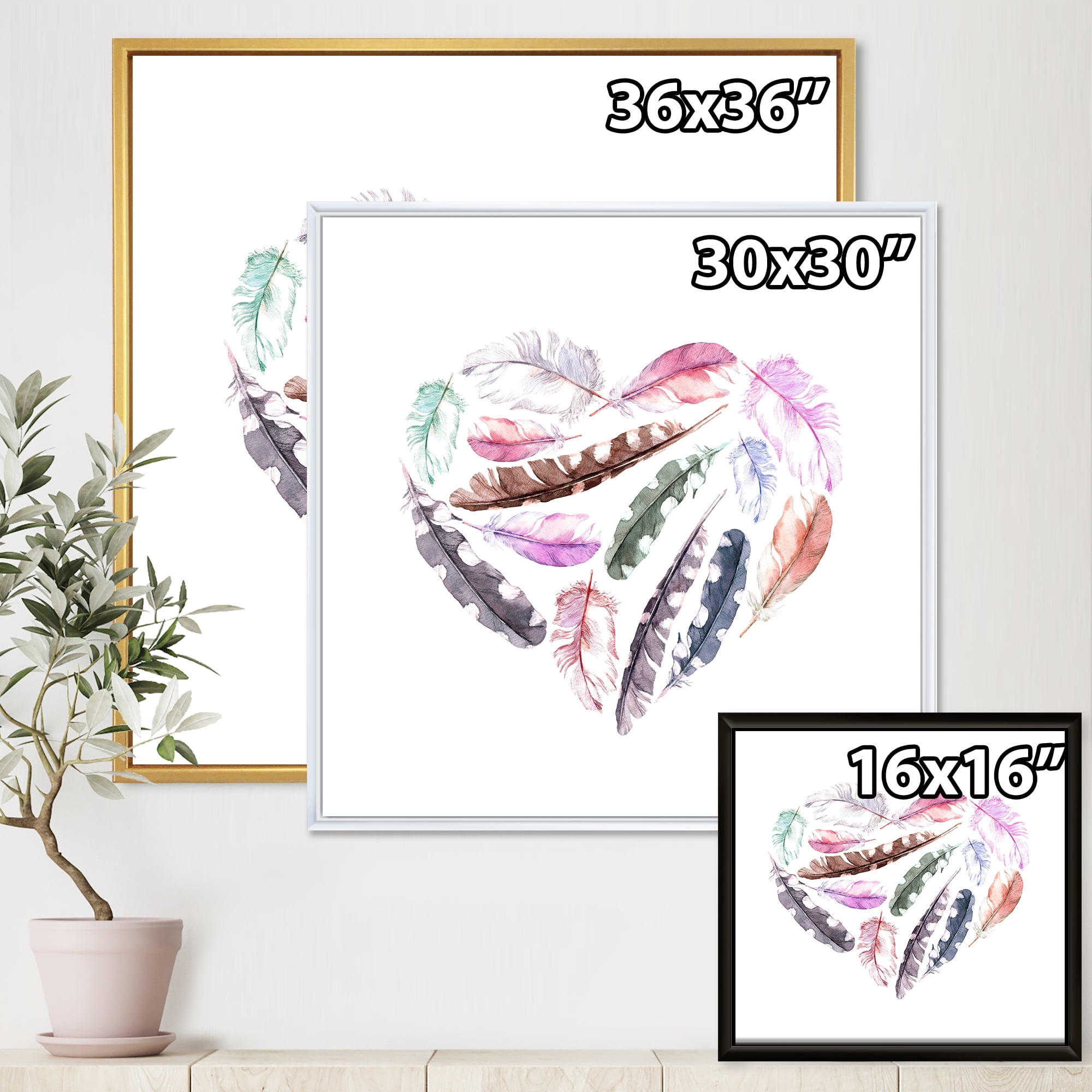 Designart 'Retro Pink Bird Feathers With Heart' Bohemian & Eclectic Framed Canvas Wall Art Print