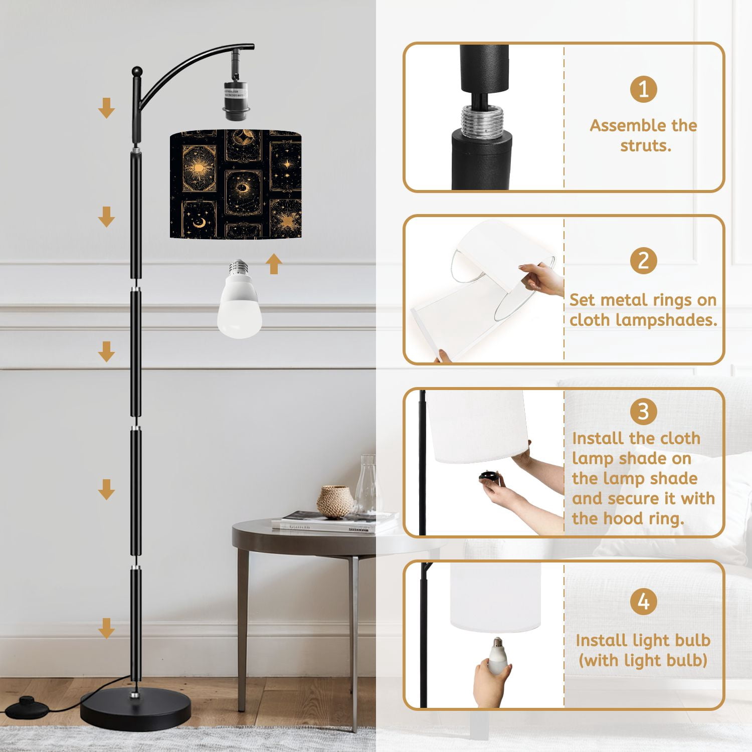 Arc Floor Lamp with Adjustable Lampshade Celestial Sun Moon Stars Gold Black Mystical Standing Lamp 3 Color Temperatures Dimmable Tall Pole Lamp with Foot Switch for Bedroom Reading Room