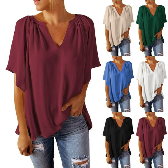 Fesfesfes Workout Tops Fashion Womens Summer V-Neck Short Sleeve Solid Casual T-shirt Blouse Womens Shirts XL(US:10)