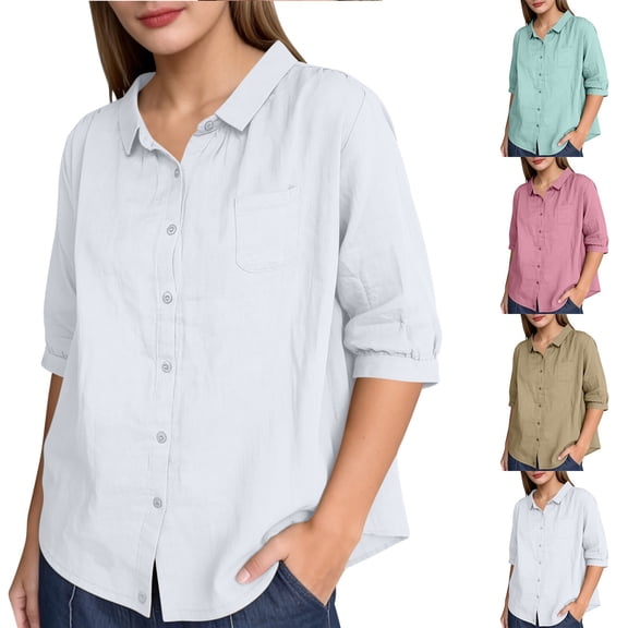 Tqcoqu Button Down Shirts for Women Half Sleeve Collared Casual Loose Blouses Summer Vacation Tops with Chest Pocket,Green Women's M-XXXXL