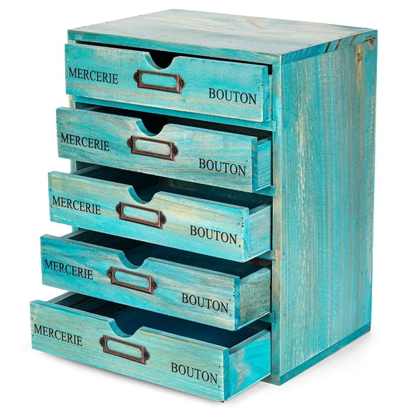 Turquoise 5-Tier Drawer Desktop Curio Cabinet - French Farmhouse Country Desk Organizer Box - Wooden Stackable Shelves - Teal Countertop Shelf w/Labe