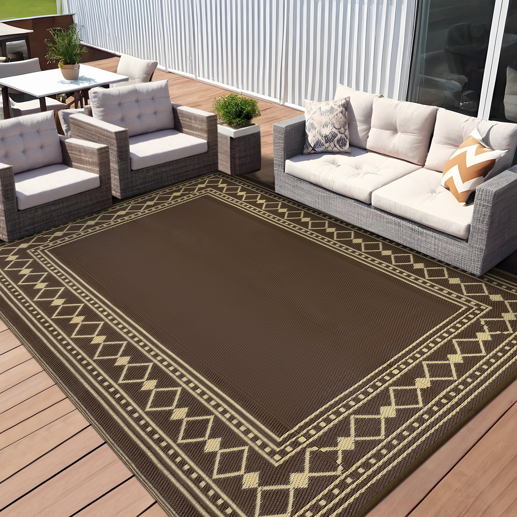EliteEdge 8*10 Outdoor Rug - Waterproof Double-Sided Plastic Straw Rug, Modern Diamond Border Design P-Tube Outdoor Plastic Mat - Modern - Diamond Double Frame, Suitable for Patio, Camping, Balcony,