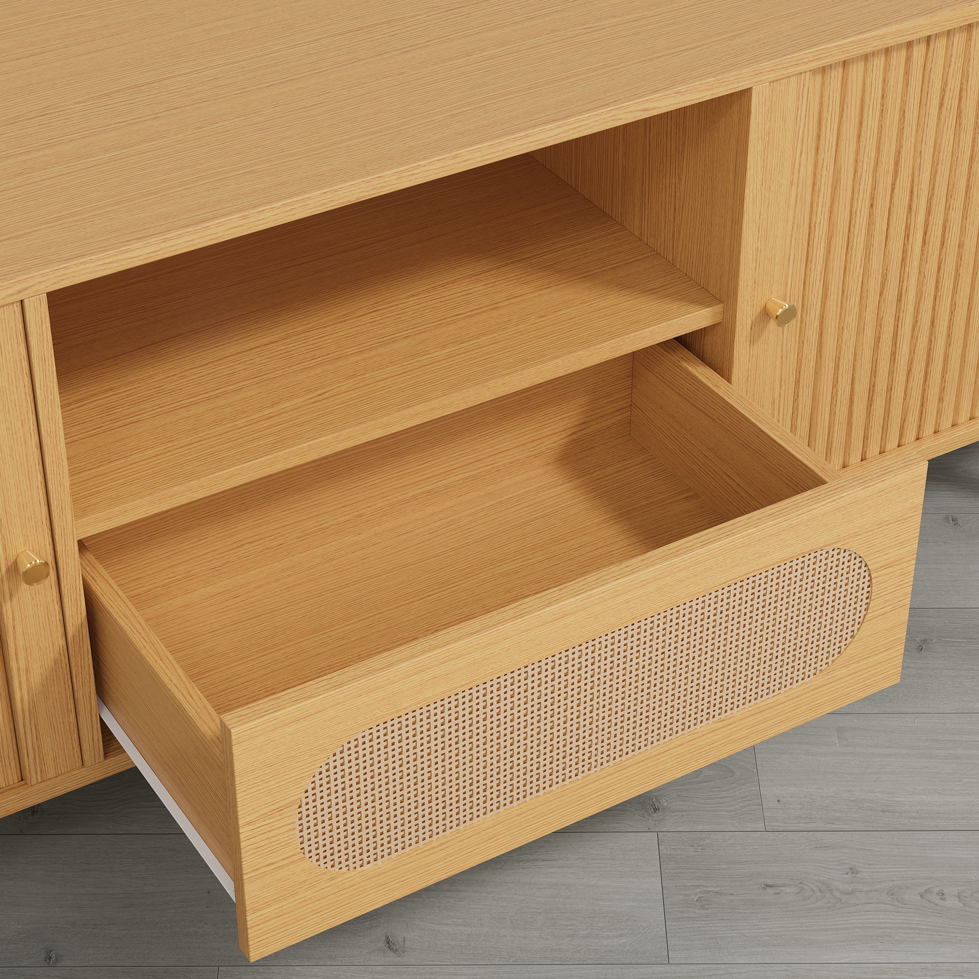 Spruce & Spring Tambour TV Stand with Power Outlet, Mid-Century Modern Entertainment Center, Rattan Drawer & Fluted Sliding Doors, Solid Wood Legs & Cable Management, Oak, for TVs up to 80 Inch