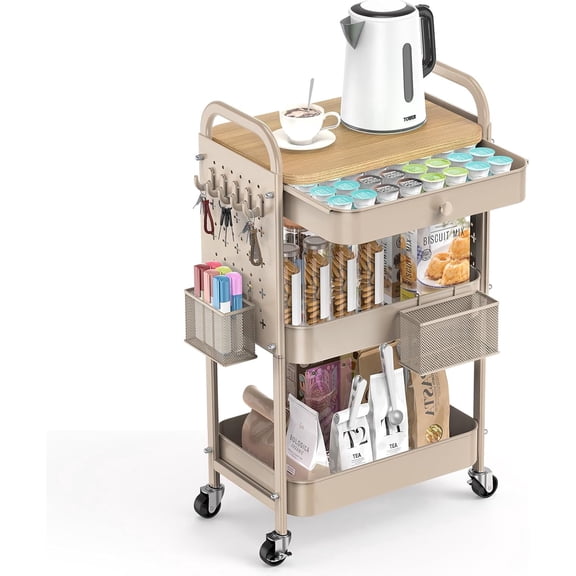 Rolling Cart with Drawer and Wood Table Top, 3 Tier Metal Rolling Utility Cart on Wheels with DIY Pegboards, Hanging Baskets, Hooks for Kitchen, Bedroom, Office, Craft Supplies