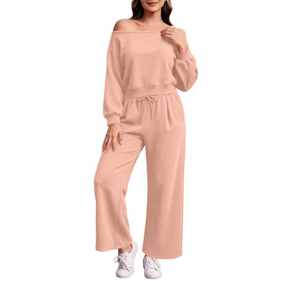 successthop Off Shoulder Sweatsuits for Women 2 Piece Fleece Long Sleeve Sweatshirt Wide Leg Sweatpant with Pockets