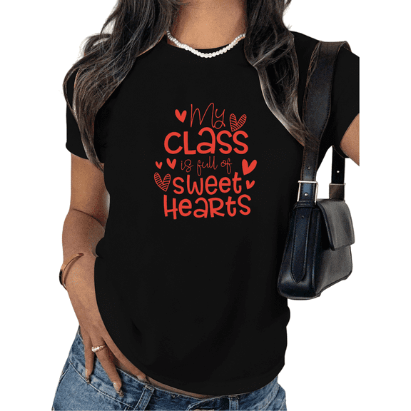 Women's Sweet Hearts Class Graphic Breathable T Shirt Casual Short Sleeve Cotton Round Neck Top Black S-5XL