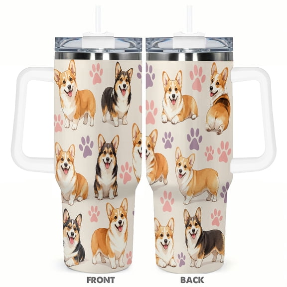 40oz Corgi Dog Paw Print Travel Tumbler Insulated Car Cup with Handle Straw Stainless Steel Large Capacity Coffee Cup Cute Pet Lover Gift