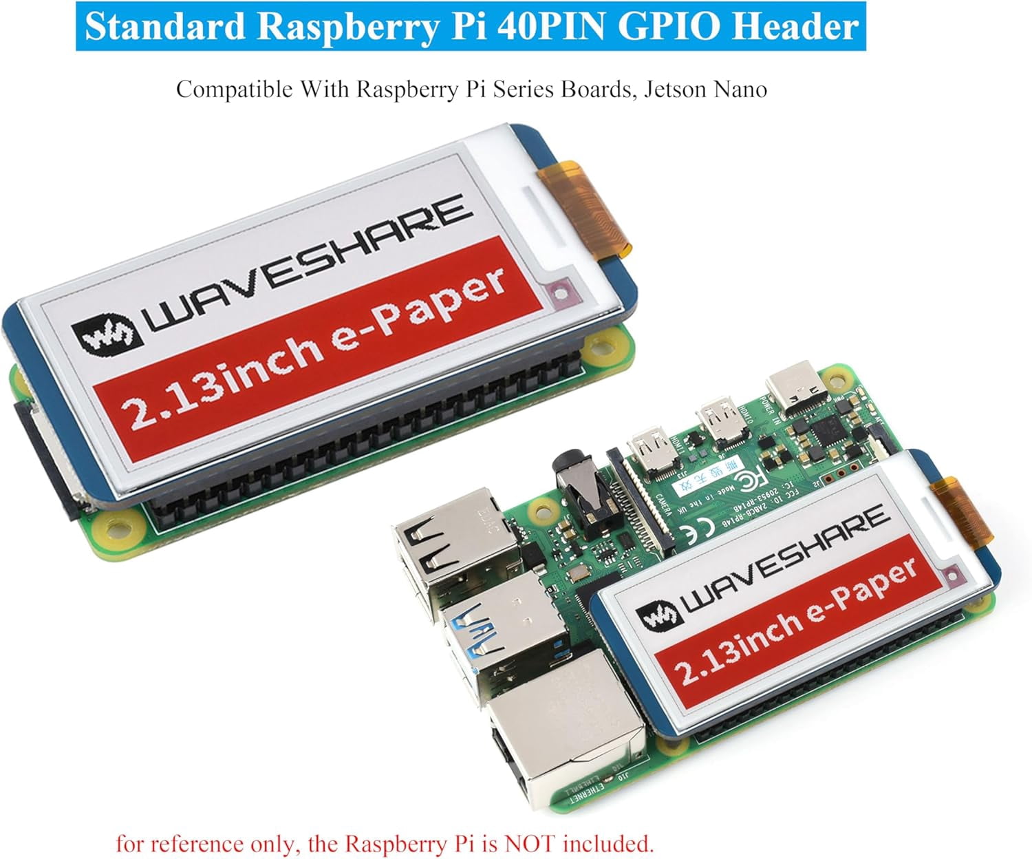 2.13inch E-Ink Display HAT for 5/4B/3B+/3B/2B/Zero/Zero W/WH and Jetson Nano, 250×122 Pixel White Black Red Three-Color SPI Interface No Backlight