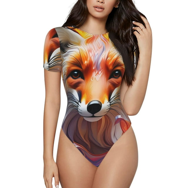 Saiise Motif Portrait Renard Éclaboussure de Couleur Combinaison à Manches Courtes pour Femmes Col Rond Pyjama Justaucorps Extensible avec Fermeture à Pression-TTTG