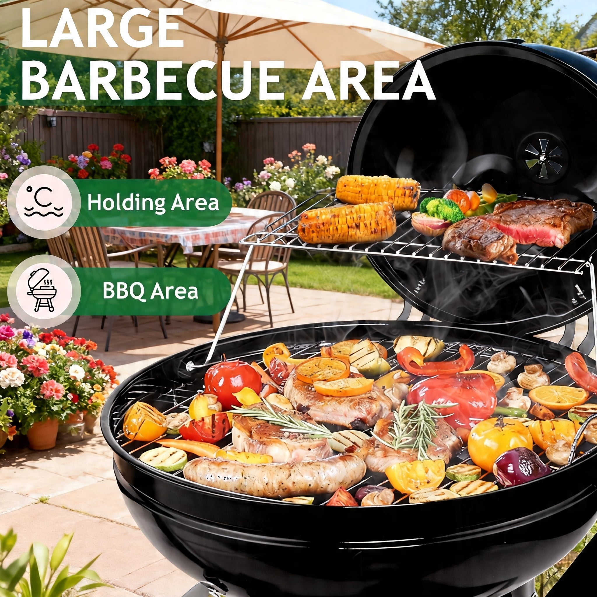 LODZPK Portable Kettle Charcoal Grill with 2 Side Tables, Storage Shelf & Upgraded Ash Catcher, Outdoor BBQ with Thermometer & Air Vents (Wheels Included)