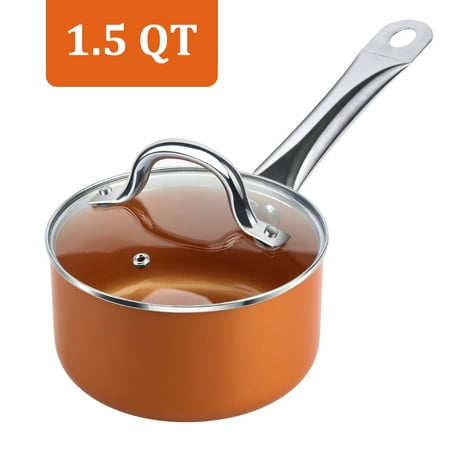 SHINEURI Copper 1.5 Quart Non-stick Copper Sauce Pan with Glass Lid, Stainless Steel Handle Covered Saucepan, Dishwasher Safe, (Best 4 Quart Saucepan)