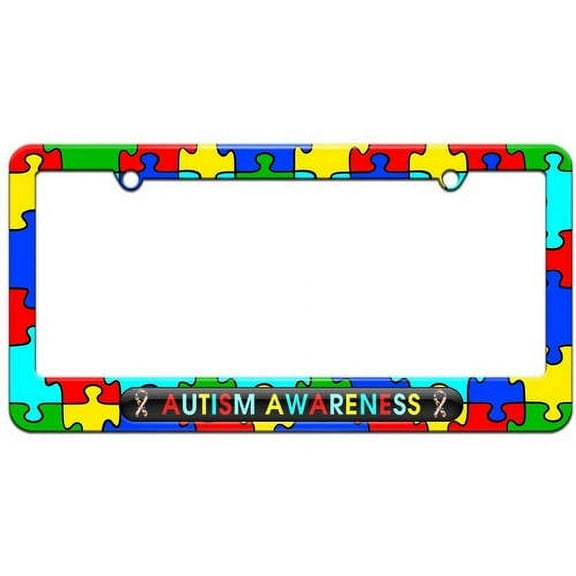 Autism Awareness, Puzzle Ribbons License Plate Tag Frame, Multiple Colors