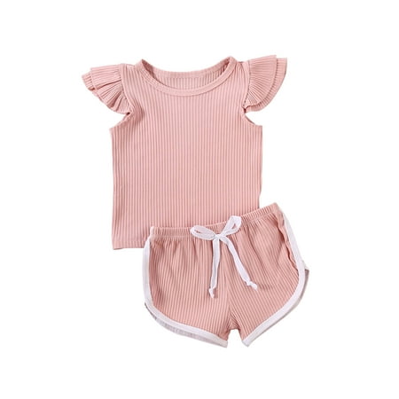 

Gwiyeopda Kids Baby Girls 2Pcs Outfit Ribbed Knitted Ruffled Sleeve Crop Top Short Pants Set