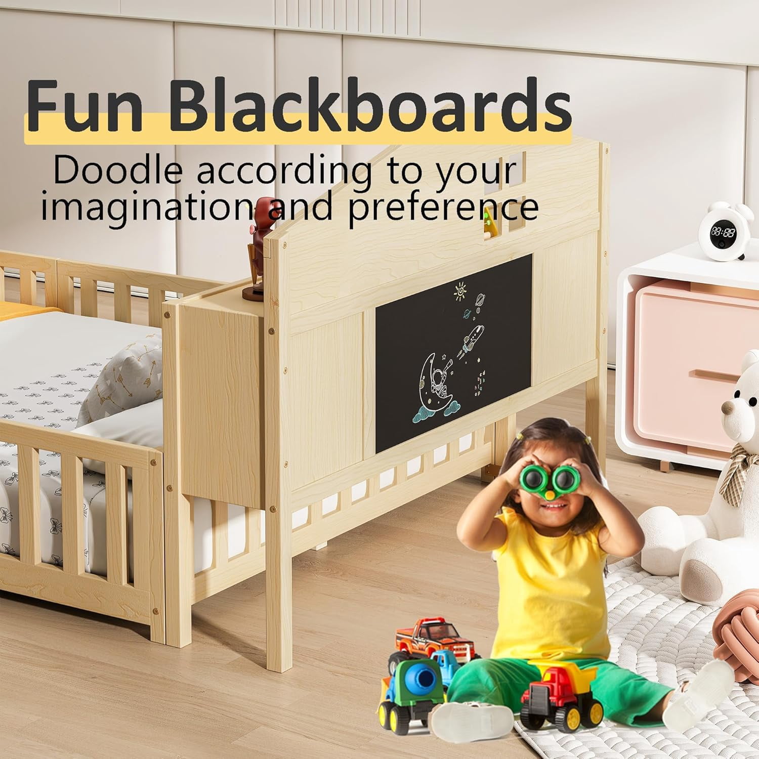 Mirightone Full Montessori Floor Bed with Storage Headboards and Guard rails, Montessori Bed Frame with Blackboards for Kids Teens, Natural