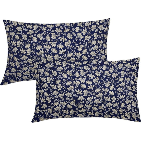 Navy Blue Beige Vintage Floral Block Print Lumbar Pillow Covers 12X20 Inch Vintage Daisy Flowers Decorative Pillow Cases Set of 2 Farmhouse Home Decor Rustic Throw Pillows For Sofa Couch Outdoor