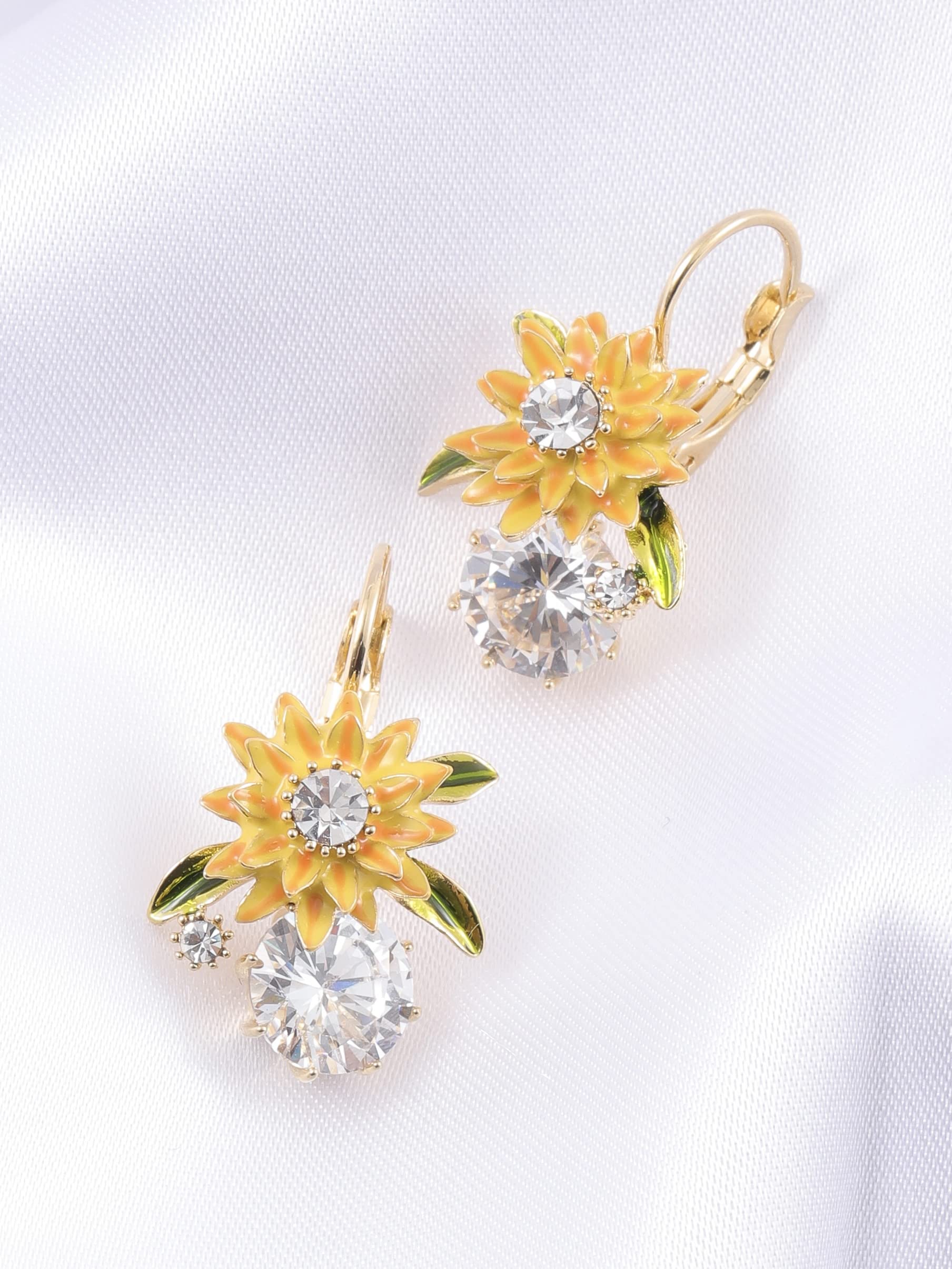 Sunflower Cubic Zirconia Dangle KGF6 Earrings - Gold Leverback ...