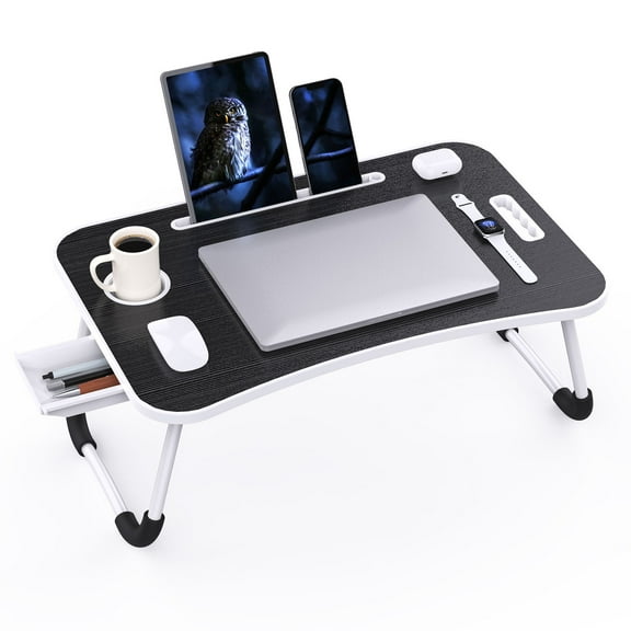 Foldable laptop desk, portable laptop table, bed table tray, laptop stand with cup holder and tablet slot and lifting handle for writing, painting and eating