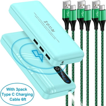 Portable Charger with Built in Cables,HopePow 20000mAh Power Banks for Cell Phones 3 USB 3 Inputs Type C Fast Charging Cable 6ft Portable Charger Power Bank Compatible with Samsung,Android,Green