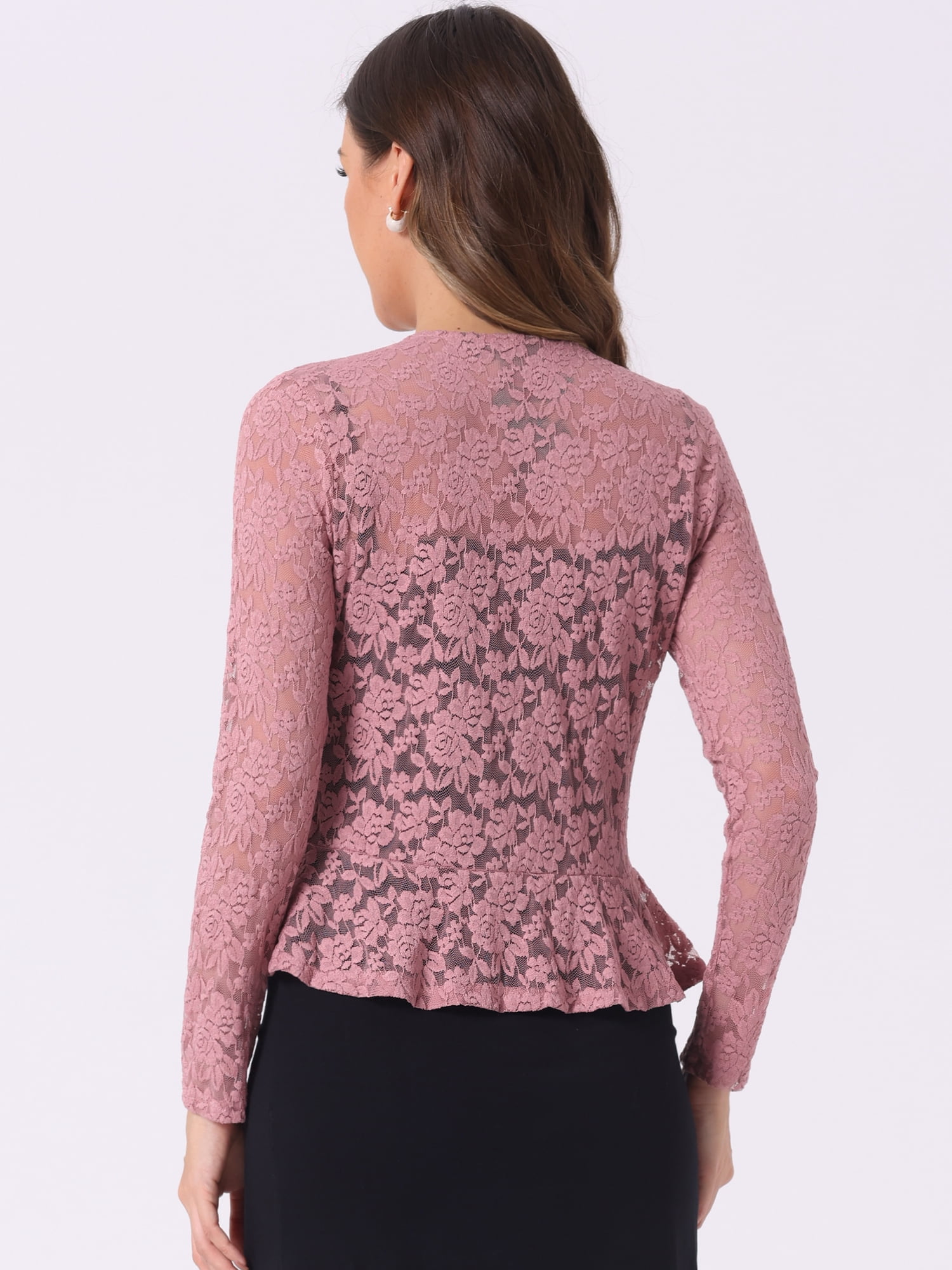DARING DIVA Women's Ruffled Hem Floral Lace Crop Shrug Cardigan XS Dark Pink