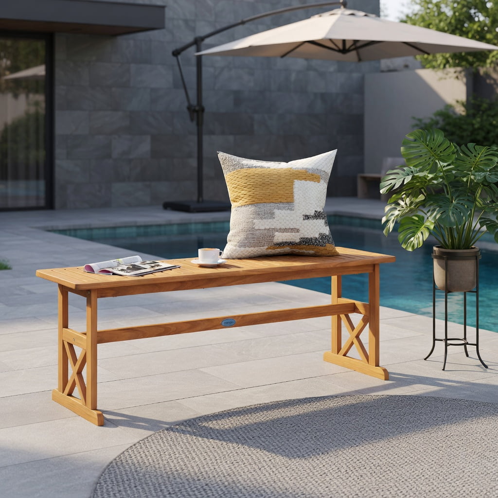 Hommoo 51" Acacia Wood Outdoor Bench, Sturdy Slatted Patio Bench for Garden, Porch & Backyard, Natural