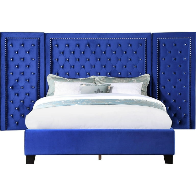 Cleo Queen Bed, Velvet, XL 3 Panel Tall Headboard, Crystal Tufted