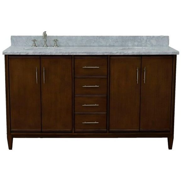 MCM 61" Double Oval Sink Solid Wood Vanity in Walnut/White Carrara