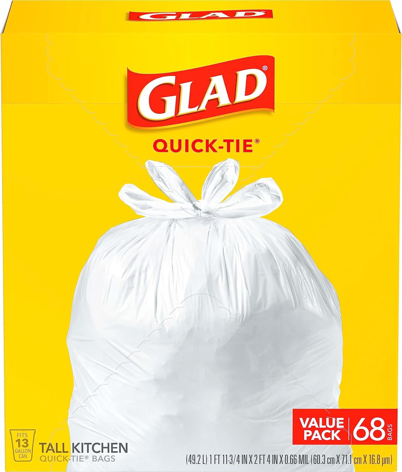 Tall Kitchen Trash Bags 13 Gallon, Unscented Garbage Bags, Quick-Tie, 68 Count